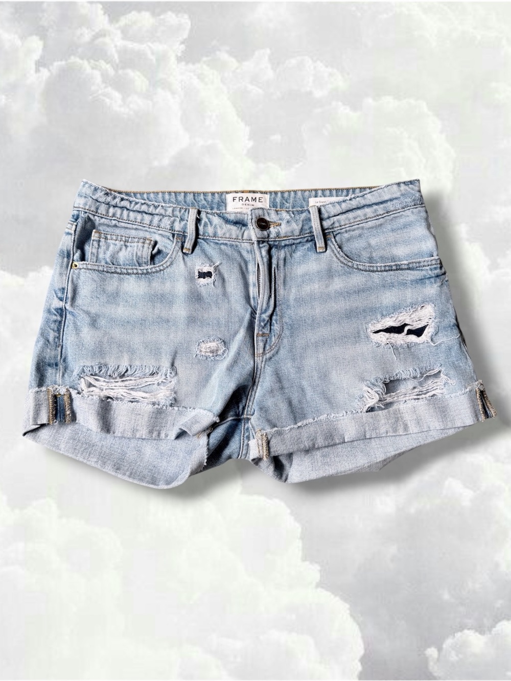 Frame Denim Light Blue Distressed Rolled-Hem Jean Shorts